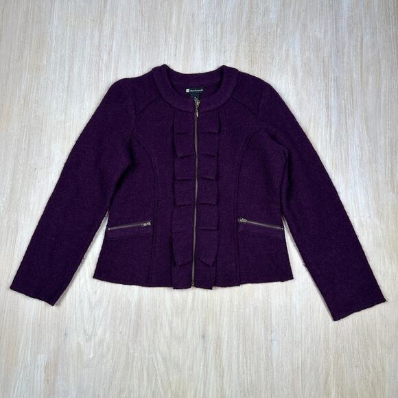 Valerie Bertinelli 100% Wool Purple Ruffle Chic Elegant Cozy Zip Jacket Medium - Picture 1 of 15